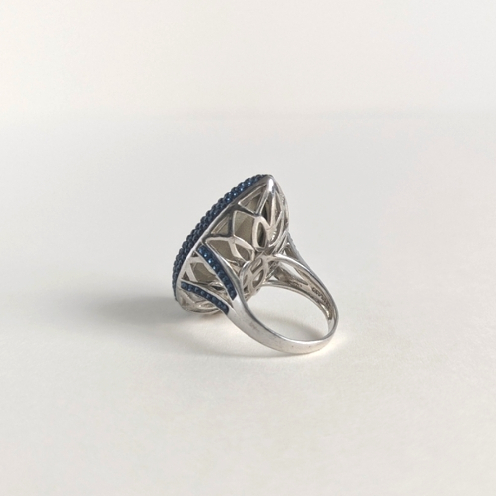 Blue Pear-Shape Facetted Glass Sterling Silver Pave Halo, Shoulders Ring sz9 - Picture 3 of 13